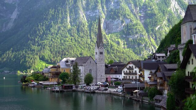 View of Hallstatt village, Alps mountains in Austria Stock drone video