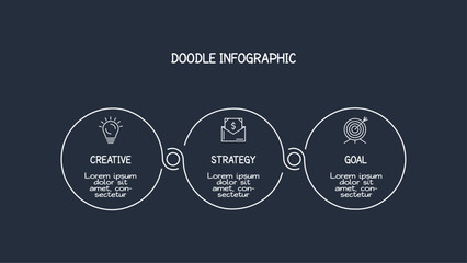 Doodle dark infographic elements with 3 options, template for web on a black background.
