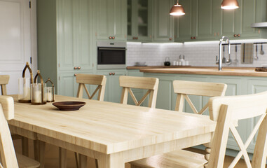 Green kitchen interior with island. Stylish kitchen with wooden worktop.