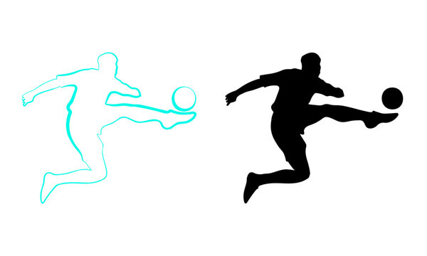 Silhouettes of a soccer player kicking a ball. Black silhouette and silhouette line.