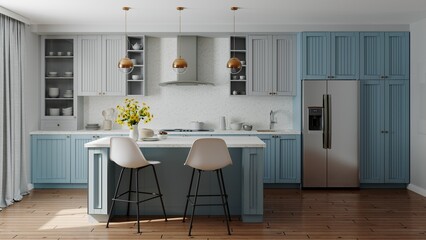 Blue kitchen interior with island. Stylish kitchen with white countertops. 