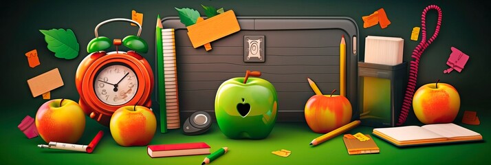 Back to school. Ready for school concept background. Design of different colorful stationery on table. Horizontal banner and poster, header for website. generative ai