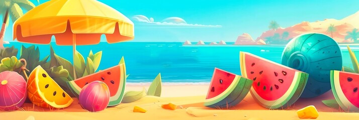 Naklejka premium Summer background, Summer tropical sea background, sand beach. Horizontal banner and poster, header for website. generative ai