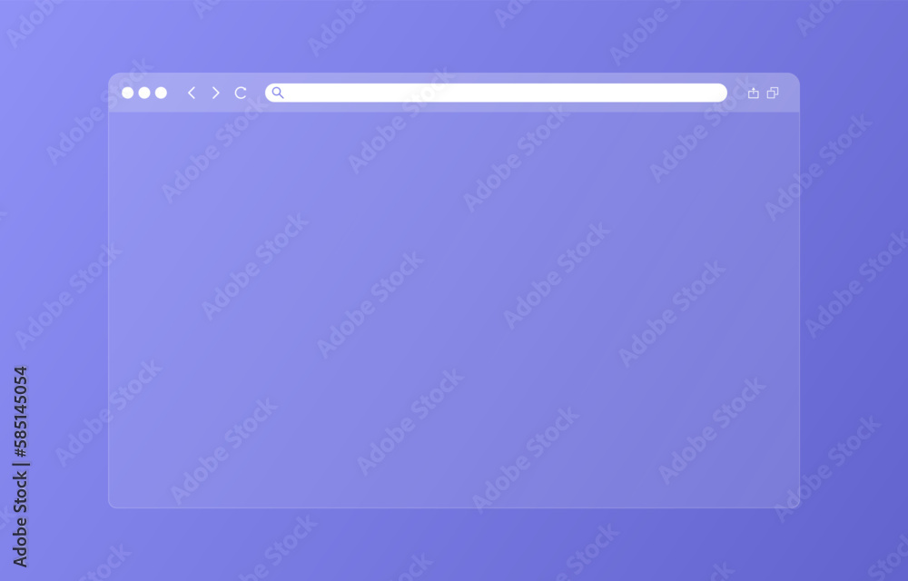 Poster transparent browser window on blue and violet background. window internet browser with toolbar and s