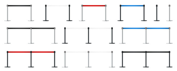 Realistic retractable belt stanchions set. Metallic poles with black, white, red, blue tape. Concept of event entrance gate, VIP zone, exclusive entrance, closed event restriction, museum exhibition