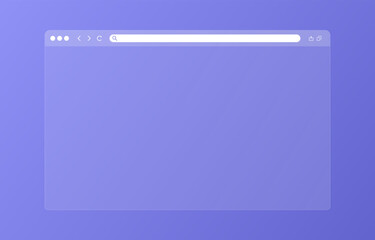 Transparent browser window on blue and violet background. Window internet browser with toolbar and search bar. Blank screen website mockup. Template design for ui, ux, app. Vector illustration