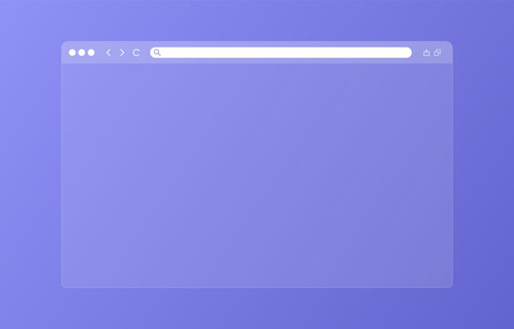 Transparent Browser Window On Blue And Violet Background. Window Internet Browser With Toolbar And Search Bar. Blank Screen Website Mockup. Template Design For Ui, Ux, App. Vector Illustration