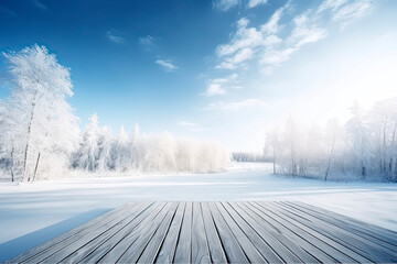 Winter Christmas scenic landscape with copy space. Wooden flooring, white trees in forest covered with snow, snowdrifts and snowfall against blue sky in sunny day on nature outdoors, blue tones