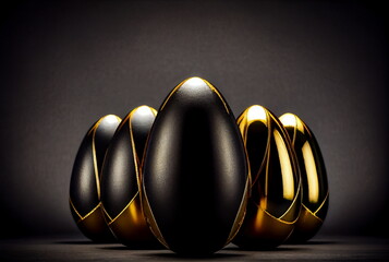 luxury golden easter egg in row on dark background. Elegant painted black Easter eggs with golden shiny paint