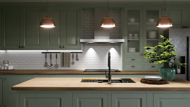 Green kitchen interior with island. Stylish kitchen with wooden worktop.