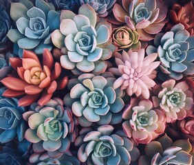 Overhead image of a variety of succulent plants in soft pastel colors