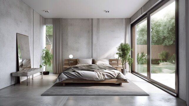 Stylish contemporary loft bedroom with garden access The rooms contain concrete tile flooring, a wood plank ceiling, light gray cloth furniture, and Generative AI.