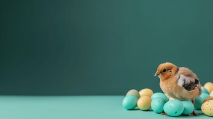 Easter holiday background with copy space. chick with easter eggs, colorful wallpaper