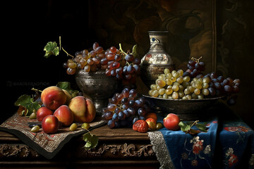 still life with fruit in vase on table