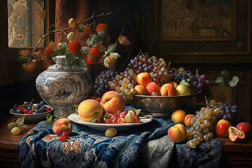 still life with fruit in vase on table - obrazy, fototapety, plakaty