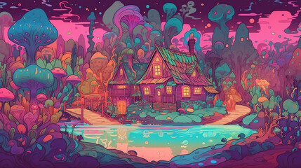 AI Generated illustrations of dreamy and magic forest with mushrooms and magic trees 