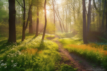 Fototapeta na wymiar magical green forest in soft morning sunlight