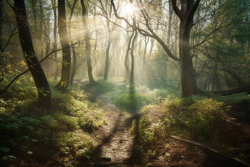 Obraz premium magical green forest in soft morning sunlight
