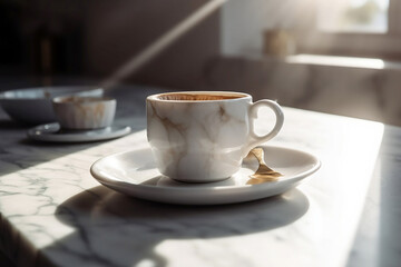 white cup of coffee in modern light interior