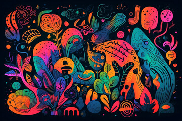 Fototapeta na wymiar colorful illustration of abstract shapes and doodles in neon colors on dark background