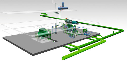steam turbine power plant layout 3D illustration - obrazy, fototapety, plakaty