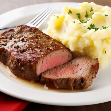 Juicy steack with mashed potatoes