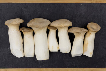 Pleurotus eryngii mushrooms in a cardboard tray. Raw whole edible mushrooms.