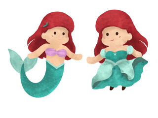 Cute Mermaid with Green Tail and red hair and Cute Girl with long dress and red hair