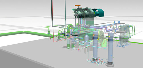 steam turbine power plant layout 3D illustration - obrazy, fototapety, plakaty