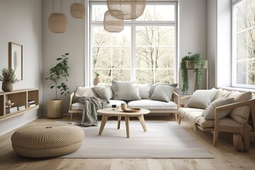 Scandinavian Living Room: Design a living room with a Scandinavian - inspired design, using natural materials, light colors, and minimalist decor. Generative AI