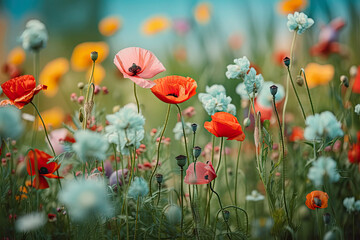 Obraz premium Beautiful colorful flower meadow with multi-colored poppies and fluttering butterflies in nature in spring and summer on light turquoise background close-up with soft focus