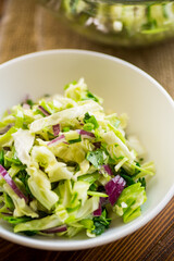 Young cabbage salad with purple onions in a bowl .
