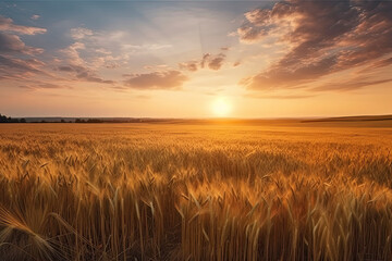 Beautiful natural landscape panorama of golden wheat field at sunset against background - obrazy, fototapety, plakaty