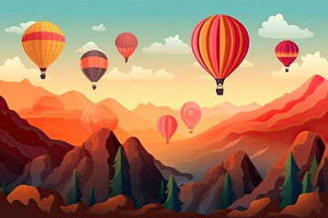 Fototapeta premium colorful hot air balloons fly in sky beautiful mountain landscape