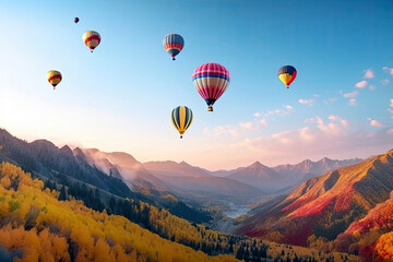 colorful hot air balloons fly in sky beautiful mountain landscape