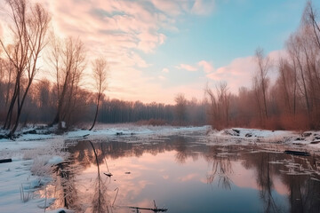 Fototapeta premium Frozen ice lake in winter in a park in the forest in sunny weather a panoramic view with a blue sky