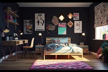 Teen Room: Capture a set of images that showcase a trendy, cool teen room. Generative AI