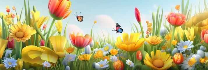 Fototapeta na wymiar Spring time background. Spring design green grass, leaves and field flowers. Horizontal banner and poster, header for website. generative ai