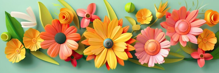 Spring time background. Spring design green grass, leaves and field flowers. Horizontal banner and poster, header for website. generative ai