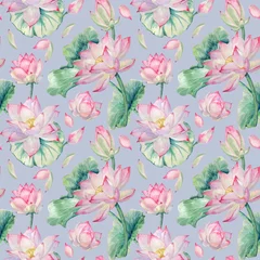 Schilderijen op glas Watercolor seamless pattern with hand-painted elements of lotus flowers, and lotus leaves on a grey-lilac background. © OG Art Shop