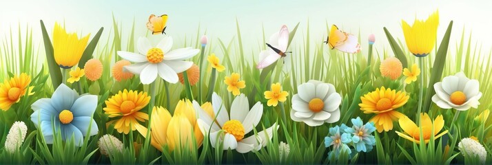Fototapeta premium Spring time background. Spring design green grass, leaves and field flowers. Horizontal banner and poster, header for website. generative ai