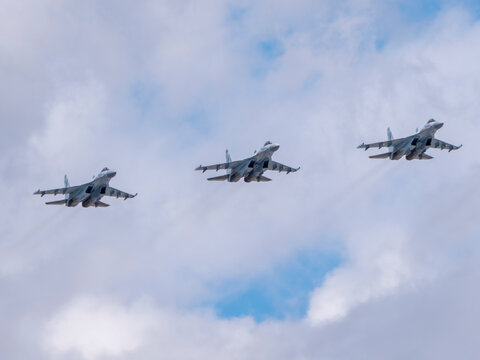 MOSCOW, RUSSIA - MAY 7, 2021: Avia parade in Moscow. jet fighter aircraft Su-35 in the sky on parade of Victory in World War II in Moscow, Russia