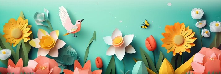 Spring time background. Spring design green grass, leaves and field flowers. Horizontal banner and poster, header for website. generative ai