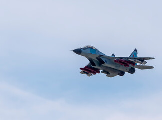 Moscow Russia Zhukovsky Airfield 25 July 2021: aerobatic MiG-35 perfoming demonstration flight of the international aerospace salon MAKS-2021