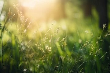 Fototapeta na wymiar Natural green defocused spring summer blurred background with sunshine. Juicy young grass and foliage on nature in rays of sunlight, scenic framing, copy space