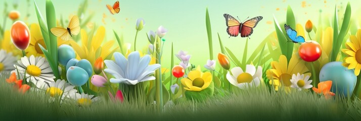 Spring time background. Spring design green grass, leaves and field flowers. Horizontal banner and poster, header for website. generative ai