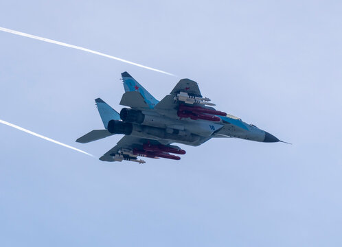 Moscow Russia Zhukovsky Airfield 25 July 2021: aerobatic MiG-35 perfoming demonstration flight of the international aerospace salon MAKS-2021
