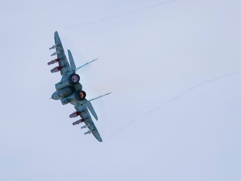 Moscow Russia Zhukovsky Airfield 25 July 2021: aerobatic MiG-35 perfoming demonstration flight of the international aerospace salon MAKS-2021