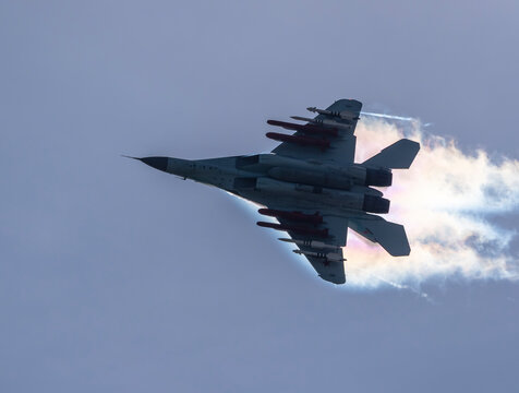 Moscow Russia Zhukovsky Airfield 25 July 2021: aerobatic MiG-35 perfoming demonstration flight of the international aerospace salon MAKS-2021