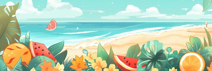 Fototapeta na wymiar Summer background, Summer tropical sea background, sand beach. Horizontal banner and poster, header for website. generative ai